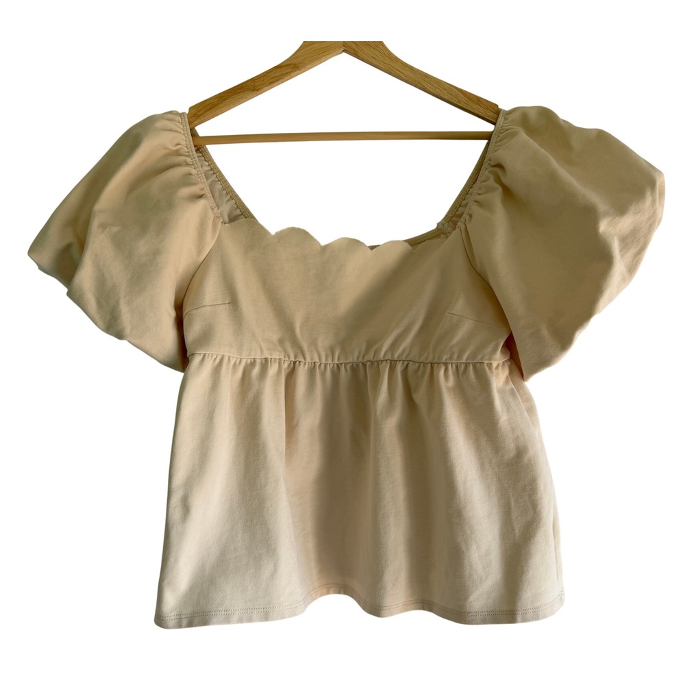 GeeGee Cream Scalloped Square Neck Puff Sleeve Babydoll Top WT61543 Medium